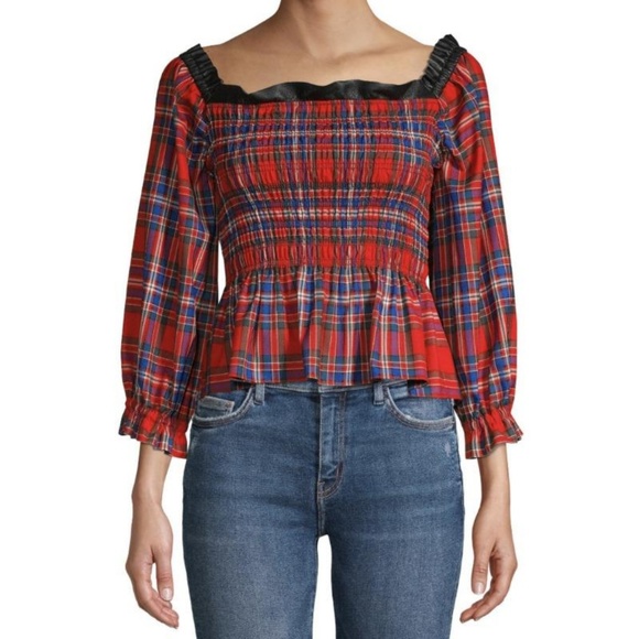 Tanya Taylor Tops - Tanya Taylor Red Multi Plaid Smocked Crop Blouse